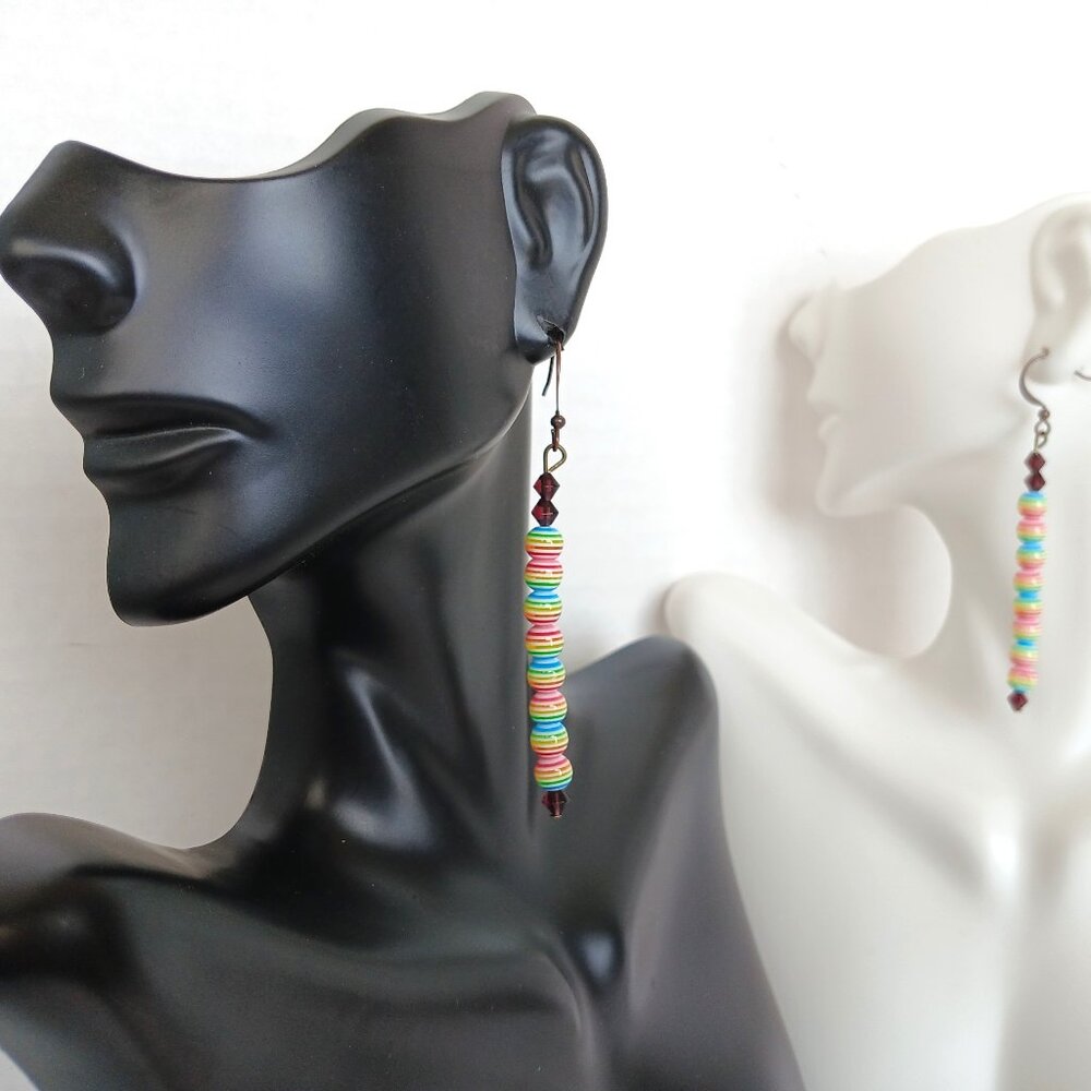 Handmade Rainbow Stripes Earrings With Striped Round Resin Beads Copper Hooks